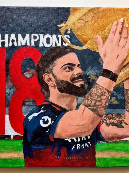 As a proud RCB fan, this painting was pure emotion. Capturing Virat Kohli's passion and loyalty on canvas was my tribute to a player who is the heartbeat of the team. It’s more than just cricket; it’s an era.