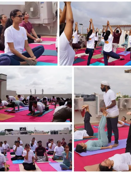 A collection of moments from our rooftop Yoga Day practice, including guided assists and group meditation, highlighting our commitment to making yoga accessible and enjoyable for all.