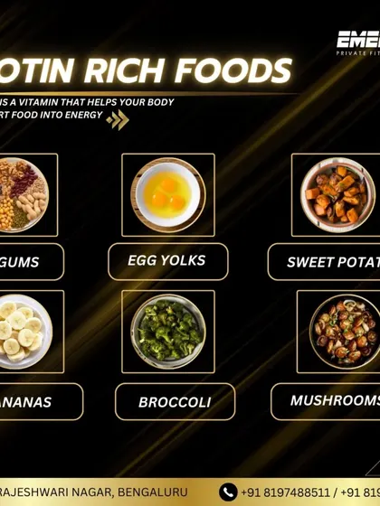 Fuel your body with the right nutrients. This graphic highlights biotin-rich foods like legumes, egg yolks, and sweet potatoes, which help convert food into energy and support healthy hair, skin, and nails.