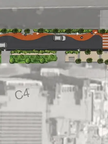 A site plan showing the layout of a curved pathway and interactive walls at Embassy Manyata Tech Park. The plan illustrates how I use flowing lines and color to create a dynamic and engaging pedestrian route.