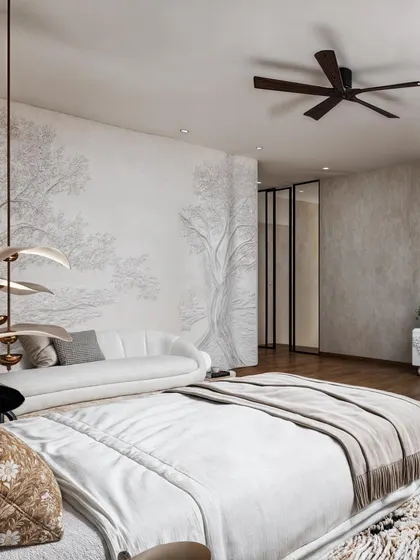 Another view of the tree mural, this time from the bed, emphasizing its scale and artistic impact.