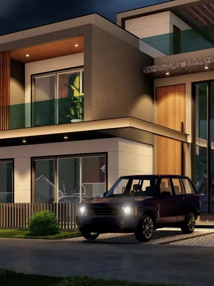 A night-time render of a 'Westend' row house. The lighting design highlights architectural features and creates a safe, inviting atmosphere throughout the community.