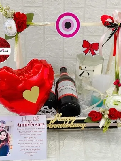 A complete view of the personalized anniversary gift basket, celebrating a 15th anniversary with custom touches and favorite drinks.