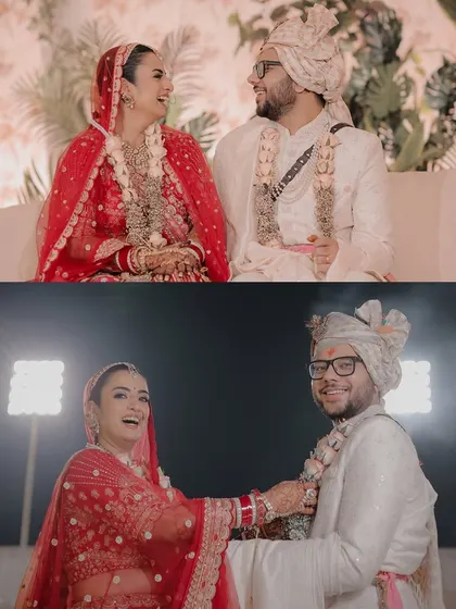 The joy of a wedding is often in the candid moments. This collage captures the couple sharing a laugh on their wedding stage, showing a genuine, unscripted moment of happiness.