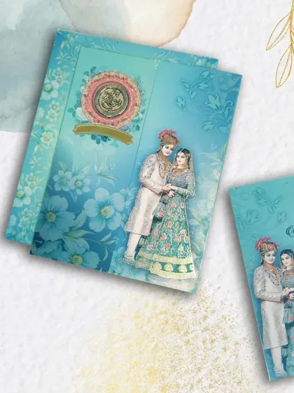 Another look at our versatile blue wedding card, this time focusing on the elegant bride and groom theme with a beautiful floral background.