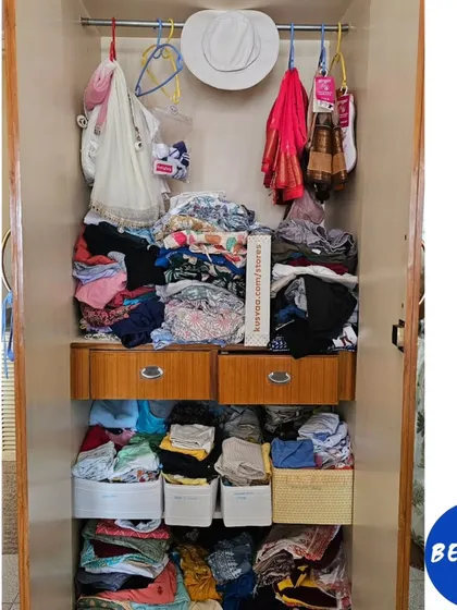 A side-by-side look at what's possible. We transformed this cluttered wardrobe by optimizing the hanging space and using bins to categorize folded clothes, making the space functional and visually appealing.