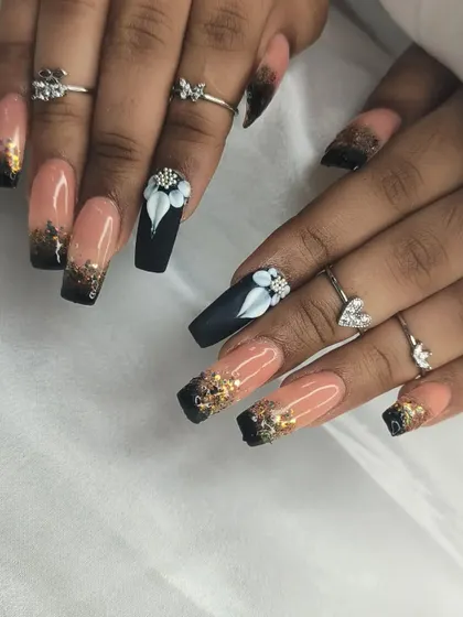 This is the level of skill you can achieve. A stunning example of 3D floral art combined with a black and gold glitter ombre, created right here in our studio.
