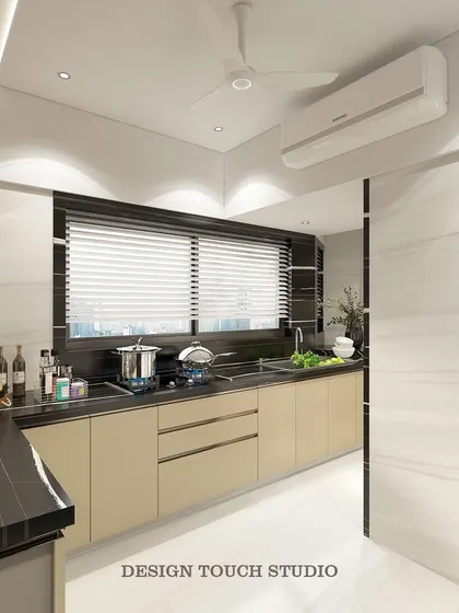 This visualization focuses on the cooking area, with its sleek hob and large window that provides natural light.