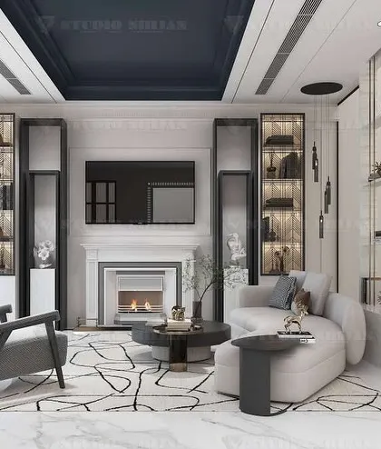 This lobby in Mansarovar Garden features a classic fireplace and elegant display cabinets, creating a formal yet inviting living area with a black and white theme.