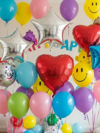 I offer a huge variety of balloons to fit any party theme or color scheme. This image shows a mix of latex balloons and foil balloons in heart, star, and smiley face shapes.