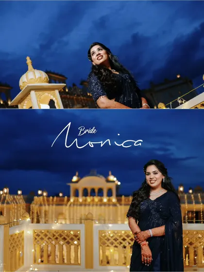 A diptych of bride Monica, showcasing her elegant evening look against the beautifully illuminated palace at night.
