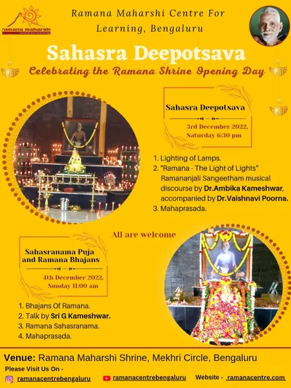A poster for the Sahasra Deepotsava, celebrating the Ramana Shrine's opening day. The two-day event includes the lighting of lamps, a musical discourse, bhajans, and Ramana Sahasranama puja.