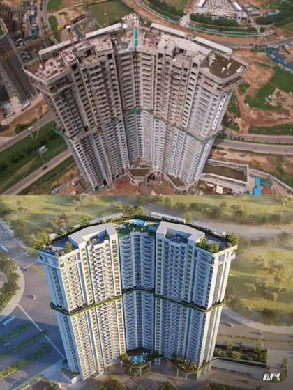 Another view of the Reva residential project, comparing the architectural visualization with the on-site construction. This project is designed to provide modern living spaces within the master-planned environment of GIFT City.