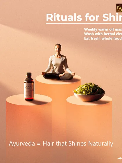 These are the three pillars of achieving naturally shiny hair through Ayurveda. A weekly warm oil massage, washing with herbal cleansers, and eating fresh, whole foods work together to restore your hair's vitality.