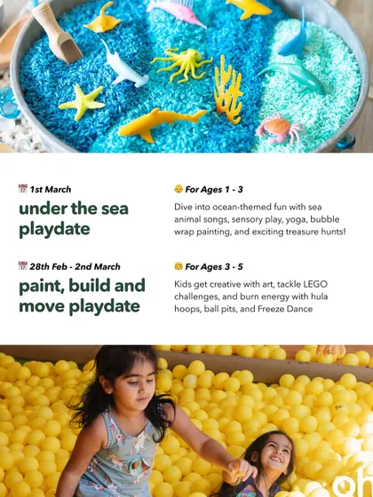 This poster advertises two of our playdates, including an "under the sea" theme for toddlers with sensory play and treasure hunts, and a "paint, build and move" playdate for older kids.