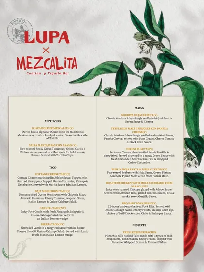The exclusive menu for our Lupa x Mezcalita pop-up. We featured authentic Mexican dishes like Mole, Carnitas Tacos, and Tetelas, creating a menu that was a journey through Mexico's soul.