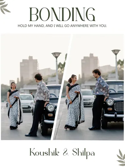 A stylishly designed image of a couple with a vintage car against a city backdrop, emphasizing their bond and the classic theme of the shoot.