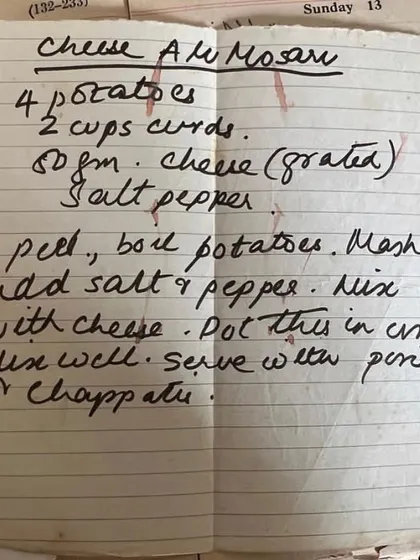 A glimpse into a family's handwritten recipe book, with a recipe for 'Cheese Alu Mosaru' from 1962. These pages are precious heirlooms.
