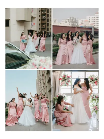 A collage of the bride and her bridesmaids in matching pink robes, having fun before the ceremony. These shots capture the excitement and friendship of the bridal party.