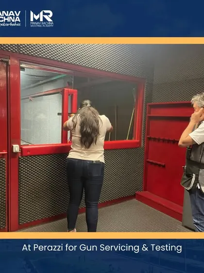 Ensuring equipment is in perfect condition is vital. Here, a shooter is at the Perazzi facility in Italy for gun servicing and testing as part of her Olympic preparation.
