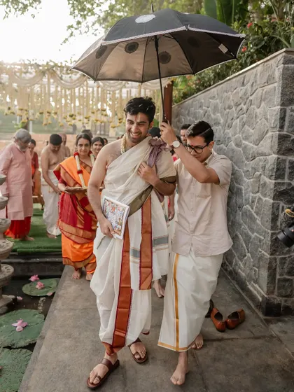 A classic portrait of the bride and groom in their traditional South Indian wedding attire. We ensure you get those timeless shots that beautifully represent your heritage and your union.
