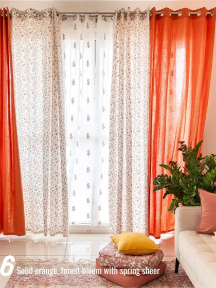 For a vibrant and cheerful look, we've layered three curtains: a solid orange, our Forest Bloom print, and a Spring Sheer. This creates a rich, multi-dimensional effect full of warmth and personality.