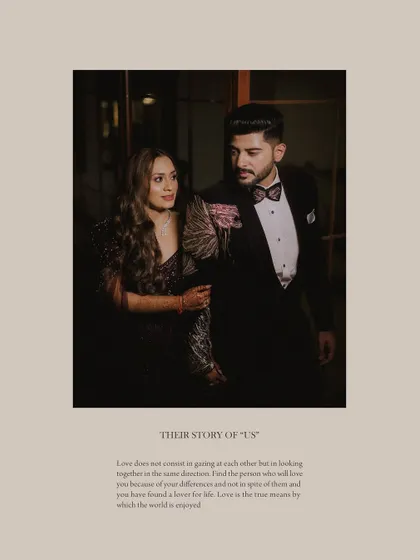 The couple walks arm-in-arm, captured in a classic, elegant portrait from their reception or engagement event.