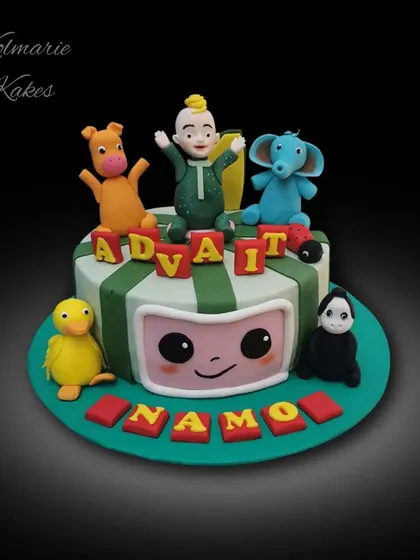 Cocomelon is always a favorite for first birthdays. This cake features the iconic Cocomelon TV screen with JJ and his animal friends as handmade fondant toppers.