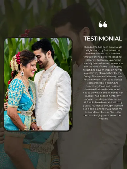 A heartfelt testimonial from my bride Neelima. She booked me for her Sangeet, wedding, and reception, and I am so glad all three looks were a hit.