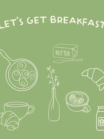 An illustration capturing the essence of breakfast at my café. It features all the essentials: shakshouka, croissants, coffee, and fresh butter.