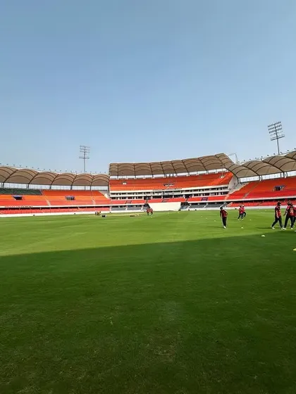 A wide view of the stadium during a practice session. The scale of professional cricket is immense, and we prepare for every eventuality.