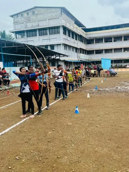 The shooting line at the Raigad School District Archery Competition, an event we helped organize. It's rewarding to see so many students participating.