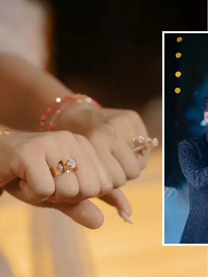 A close-up collage focusing on the rings. This shot highlights the symbol of their commitment, capturing the moment the rings are exchanged and proudly shown.