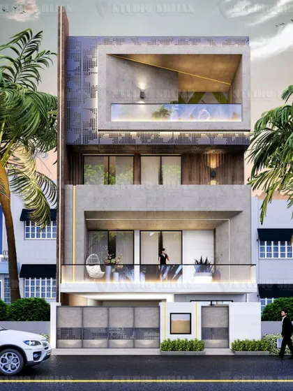 This 226 sq. yard residential building in Janakpuri, New Delhi, features a unique facade with a large, recessed terrace and decorative metal screens for a touch of modern artistry.
