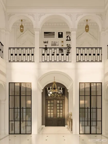 The interior elevation of a grand hall, showcasing multiple levels of arched galleries with ornate railings. This design creates a sense of immense space and visual connection between the different floors of the residence.