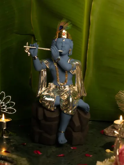 Embrace the blessings of Shri Krishna this Janmashtami. My handcrafted Krishna idol, in a unique blue and silver finish, captures the divine grace and eternal melody of his flute, perfect for your home temple.