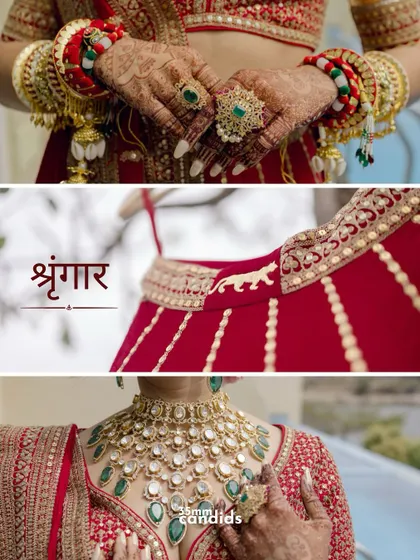 "Shringaar." A collage dedicated to the bridal details, showcasing her stunning emerald and polki jewelry, the intricate work on her lehenga, and her beautiful bangles.