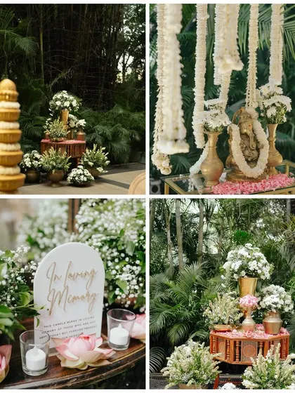 For this couple, we created an atmosphere of pure elegance with a theme of white florals and traditional brass elements, set against the lush greenery of The Leela Palace, Bengaluru.