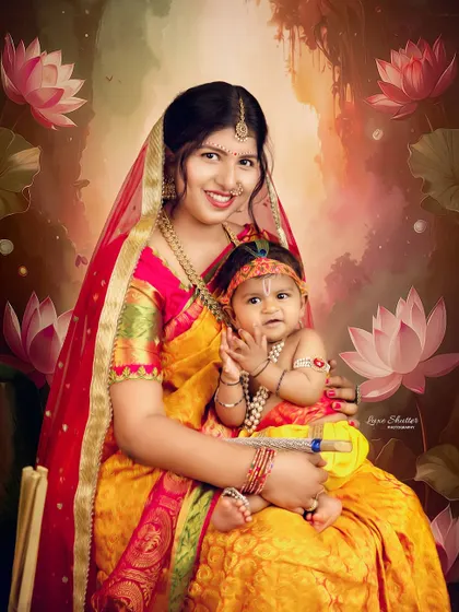 A digitally enhanced portrait from the Yashoda and Krishna series, set against a beautiful lotus pond background, adding a touch of divine magic.