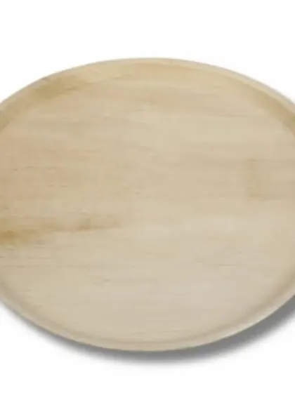 A single, round Areca palm leaf plate, showcasing its natural wood-like texture and sturdy form. This is a perfect, guilt-free disposable option for any meal, as it is 100% natural, biodegradable, and compostable.