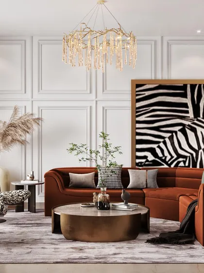 A bold and eclectic family room design, featuring a rust-colored sectional sofa and a large zebra-print artwork. This visualization allows clients to experiment with daring design choices confidently.