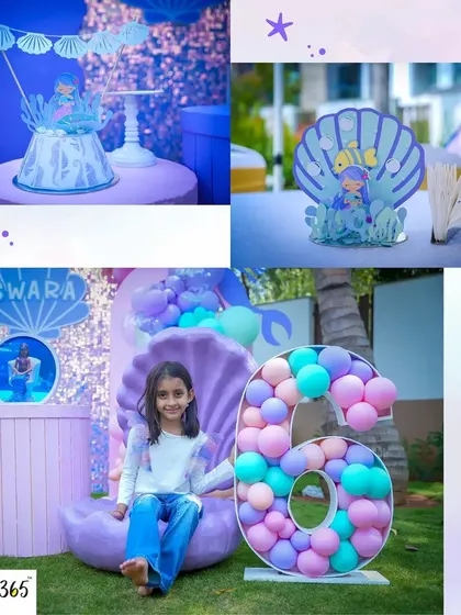 A collage from Swara's 6th birthday mermaid party, showing her posing with a large balloon-filled number "6" and custom-themed table centerpieces.