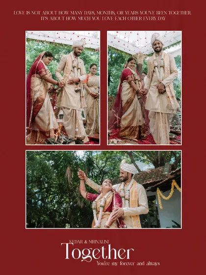 A collage of moments from a traditional wedding ceremony, including the 'pheras' and the couple's joyful interactions.