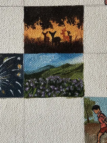 A mini-painting of deer silhouettes against a fiery sunset.