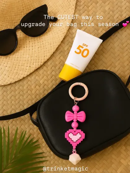 The cutest way to upgrade your bag for the season. This lifestyle shot shows my pink pixel heart charm on a black crossbody, proving it's the perfect accessory for a day out.