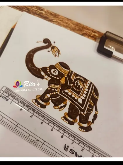 Another example of a royal elephant design, this time with more intricate shading and decoration. This demonstrates a more advanced technique that we cover in the course, perfect for bridal work.