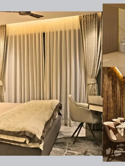 A collage showing the final look of a bedroom and dining area in the Swami residence. The design maintains a consistent theme of modern luxury with warm tones and high-quality finishes throughout the apartment.