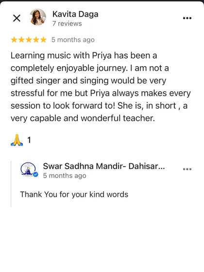 This review from an adult student who was initially stressed about singing is very special. We are so happy we could make her journey enjoyable and something to look forward to.