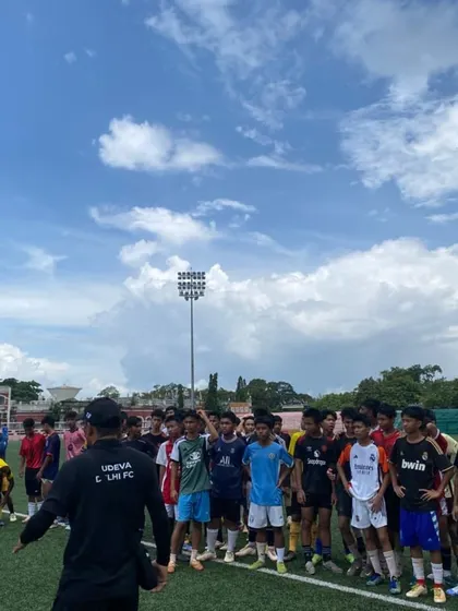The passion is visible. A large group of young players listening intently during the Tripura trials. This is the hunger we look for.