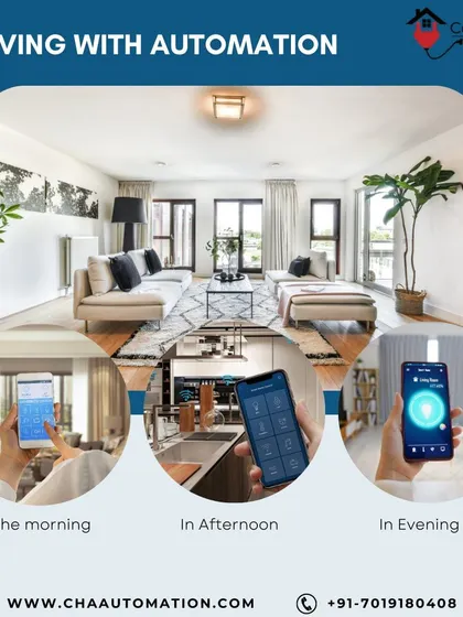 Live with automation that adapts to your day. This collage demonstrates how you can use your smartphone to adjust your home's environment differently in the morning, afternoon, and evening for optimal comfort.